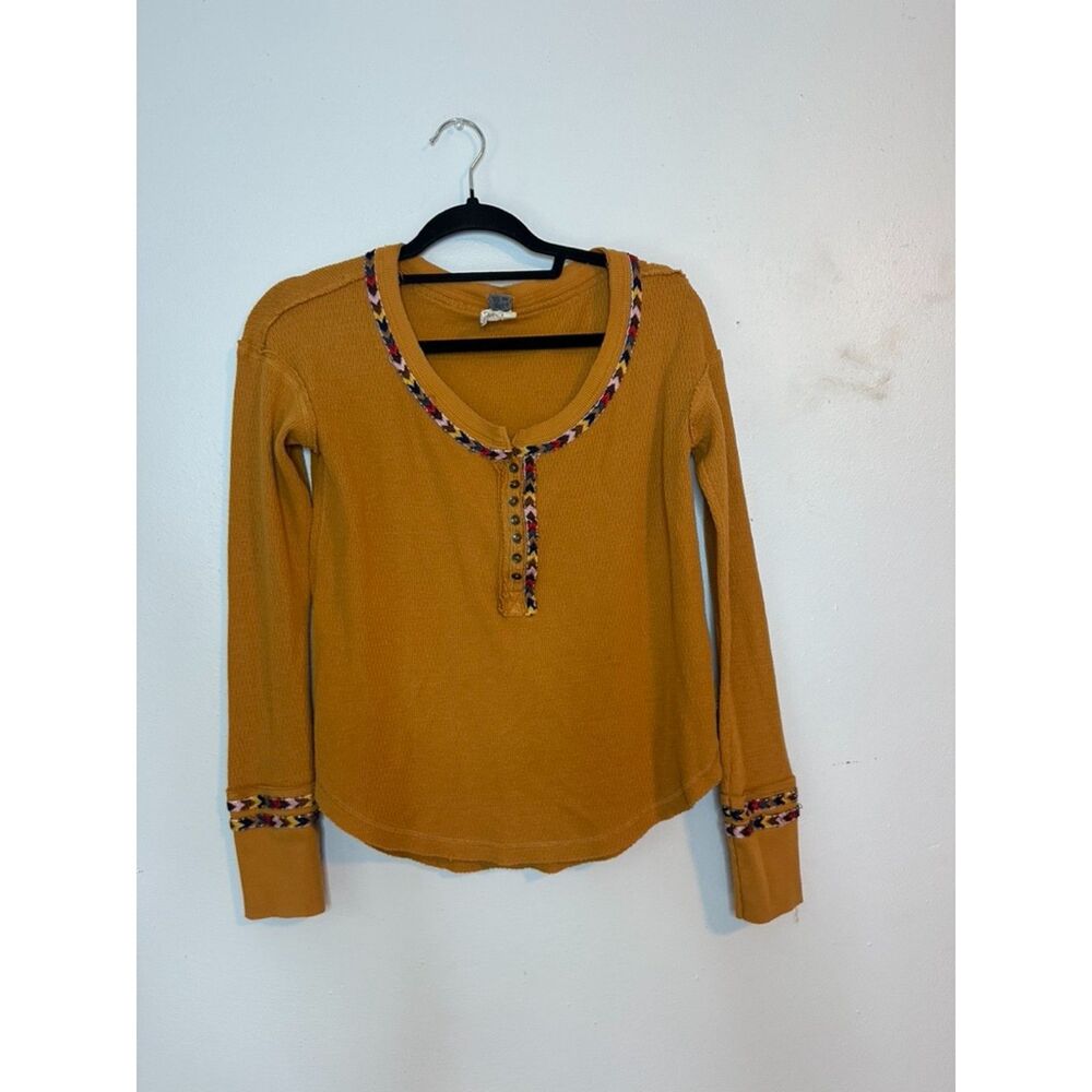 Free People Orange/Yellow Waffle Knit Long Sleeve